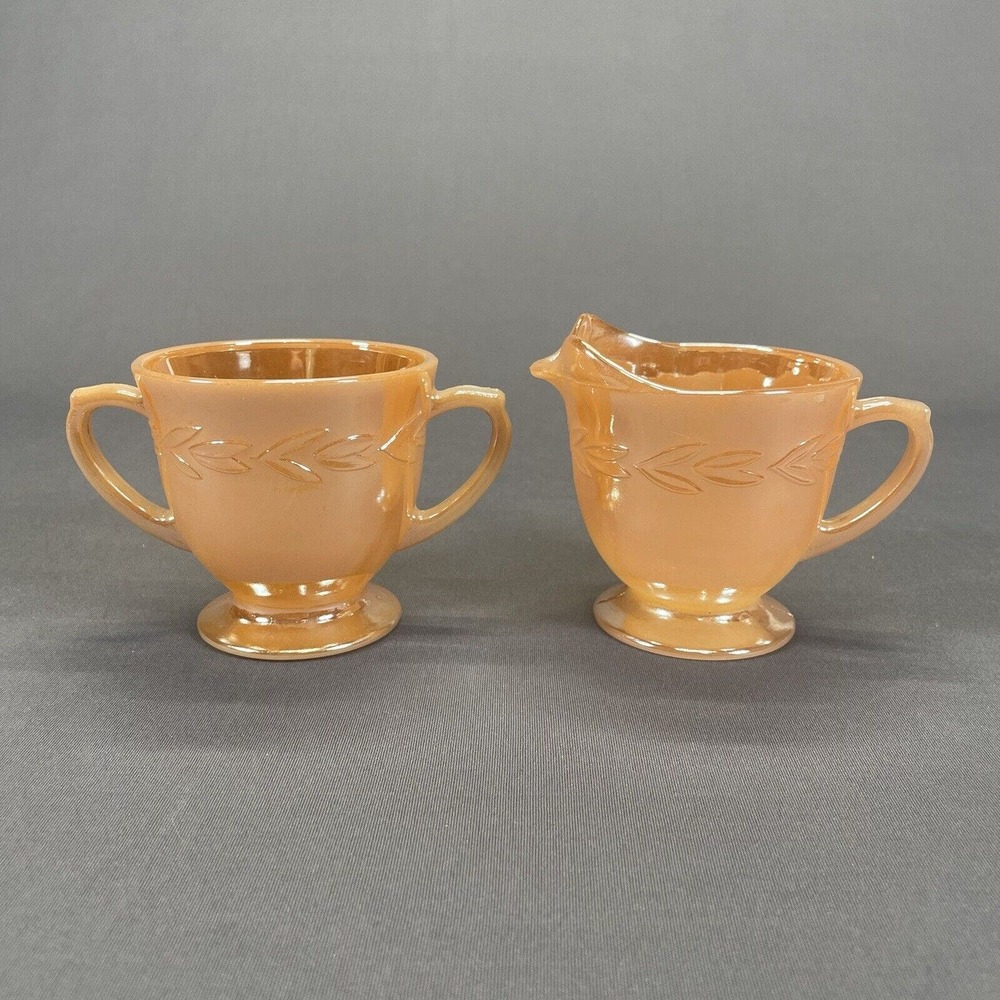 Anchor Hocking Peach Lustre Laurel Creamer and Open Sugar Bowl Set Vintage